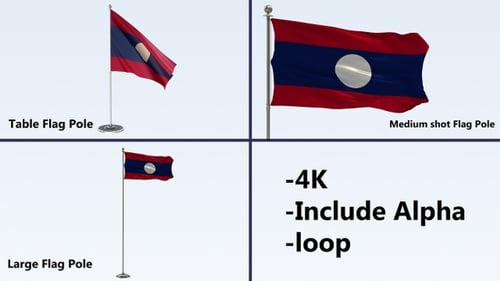 Waving Laos Flag on Pole with Alpha Channel, 4K Loop