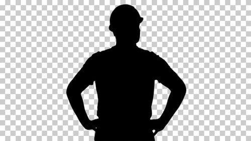 Silhouette Engineer in construction helmet standing, Alpha Channel