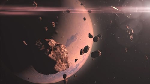 Space shuttle close to planet mars with Asteroids