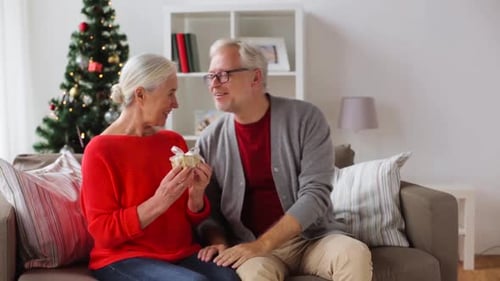 Elderly Couple Exchanges Christmas Gift with Affection