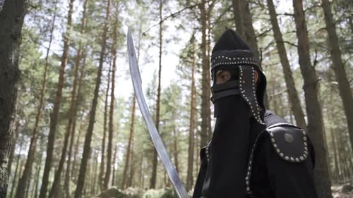 Warrior in Costume Holding Silver Sword in Forest
