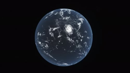 Konzept 19-U1 Blick auf den realistischen Hurrikan aus dem Weltraum in den Ozeanen des Planeten Erde