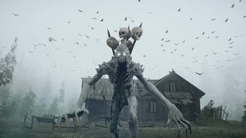 Terrifying Horror Monster with Skulls and Glowing Eyes