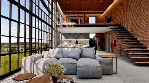 3d rendering. Interior house modern open living space with kitchen.