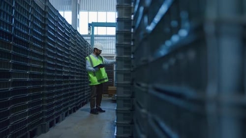 Uniformed Warehouse Worker Checking Boxes Shipment Counting Blue Packages