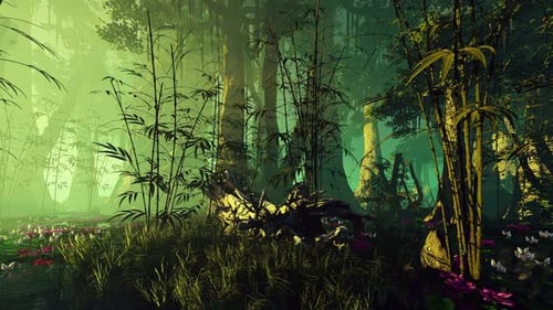 Dreamlike Forest with Glowing Bamboo, Water Lilies, and Butterflies