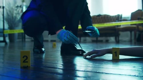 Crime Scene Investigator Examining Evidence on Floor