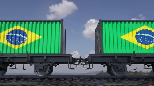 Logistics and Shipping with Brazil Flag Containers on Train