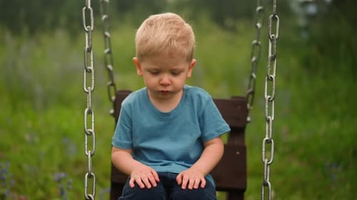 Sad Boy Sits On Swing Outdoors