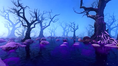 Eerie Swamp Forest with Twisted Trees and Purple Water