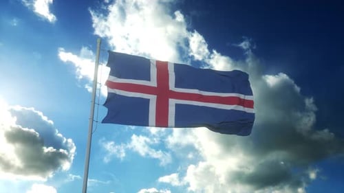 Iceland Flag Waving in Blue Sky with Clouds