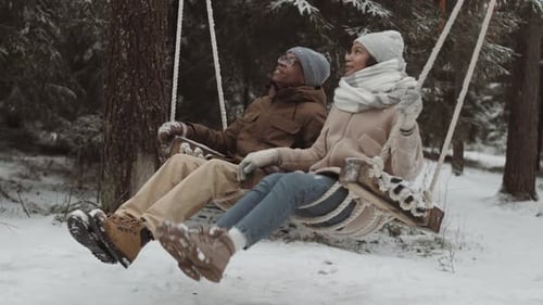 Young Couple On Swing in Winter Forest