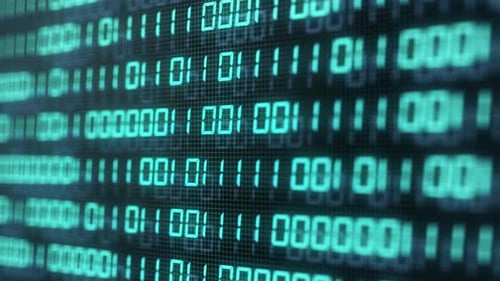 Número de código binário digital no monitor da tela do computador com efeito de falha de movimento