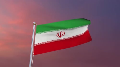 Waving Flag of Iran on Flagpole with Sunset Sky Background