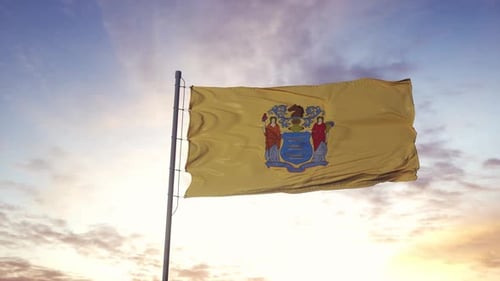 New Jersey State Flag Waving at Sunset