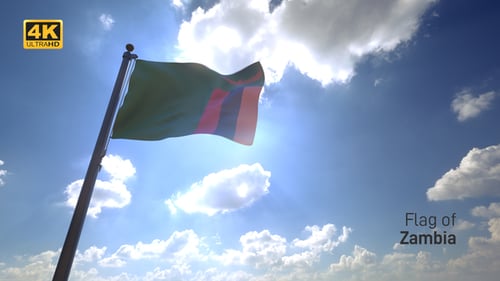 Realistic Zambia Flag Waving Against Bright Sunny Sky