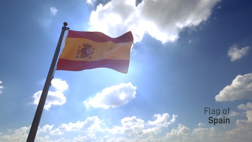 Realistic Spanish Flag Waving Against Bright Sunny Sky