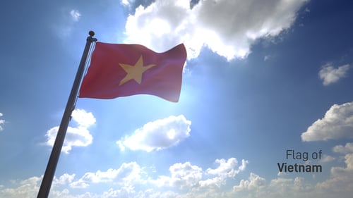 Waving Vietnam Flag with Sun Rays and Clouds