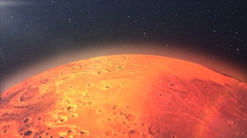 Planet Mars Surface rotates with stars and sun flare