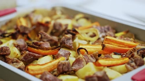 Tasty Baked Meat and Vegetables in Pan