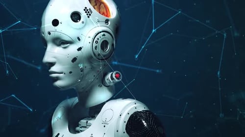 Animated Futuristic Humanoid Robot and Digital Network