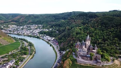 Aerial View of Cochem Castle and Moselle River, Germany in the Summer