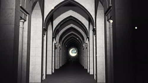 Ramadan Mosque Archway Flythrough with Moon and Stars