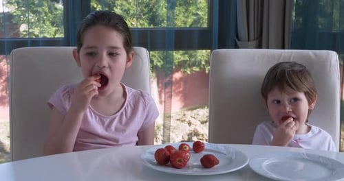 Children Enjoying Ripe Red Strawberries Indoors at Table