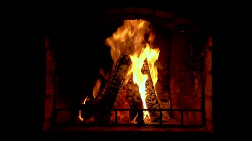 Burning Fireplace with Logs at Night
