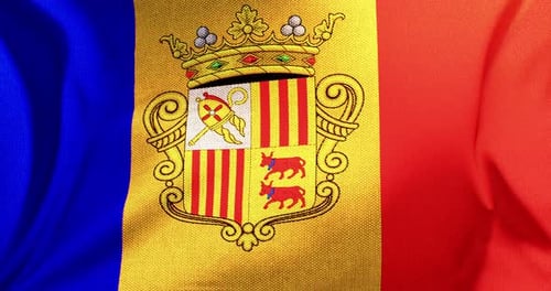 Realistic Waving National Flag of Andorra with Coat of Arms