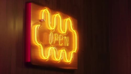Flickering Happy Neon Light Sign on Wooden Wall