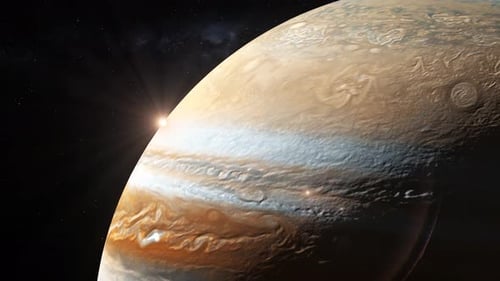 Stunning Rotating Jupiter Planet in Deep Space with Sun Flare