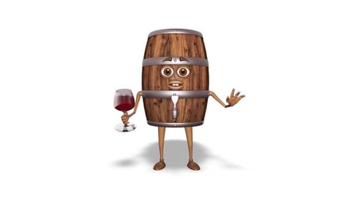 Cartoon Wooden Barrel Shows Glass With Wine Loop On White Background