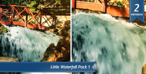 Waterfall with Red Wooden Bridge in Nature