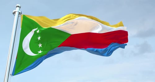 Comoros National Flag Waving Animation with Blue Sky