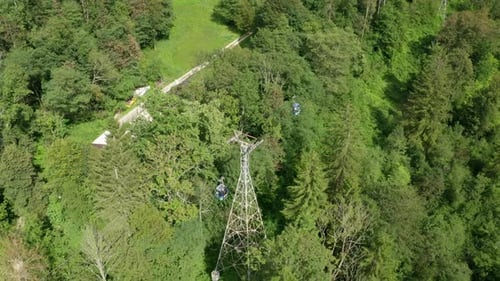 Drone Flight Over Forest Cable Car