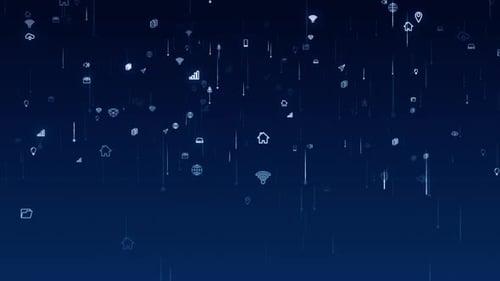 Une icône futuriste de la technologie bleue tombe sur un fond abstrait, vidéo en boucle transparente