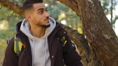 Hübscher junger hispanischer Wanderer, der im Wald spazieren geht Neugierig Aufgeregt Kerl Tourist reist