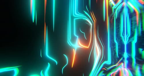 Camera movement with rotation on a triangular tunnel with animated, luminous patterns on the walls.