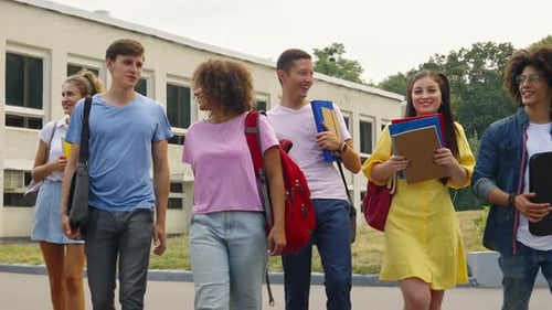 Slow Motion Cheerful Students Walking Against College Building
