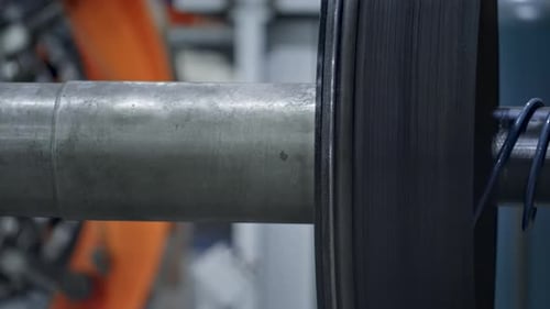 Tyre Production Machine Detail Rotating in Modern Robotic Factory Close Up