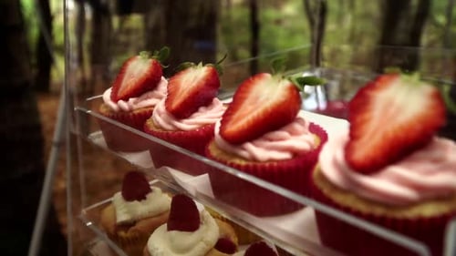 Glass Showcase Cabinet In The Bakery Shop Filled With Strawberry And Raspberry Cupcakes. - close up