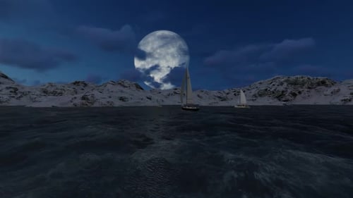 Animated Night Sailing in a Fjord with Full Moon