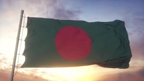 Realistic Bangladesh Flag Waving at Sunset