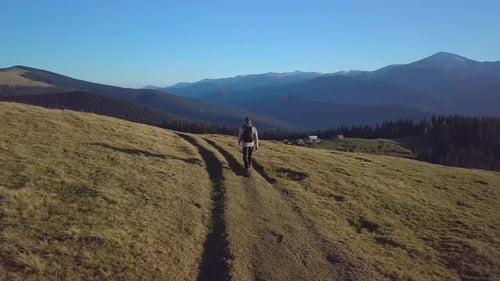 Aerial View of Mountain Hiker on Grassy Trail