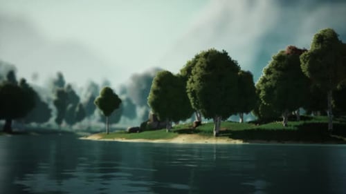 Cartoon Green Forest Landscape with Trees and Lake