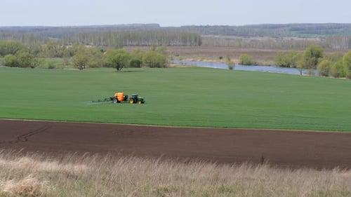 Tractor Sprays Crops in a Rural Green Field