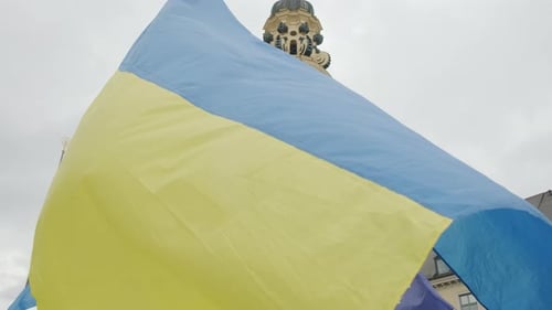 Ukrainian Flags Fly in Front of Building