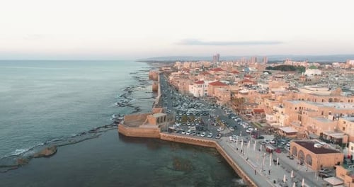 Aerial view of Acre Old city facing the Mediterranean sea, in Israel.