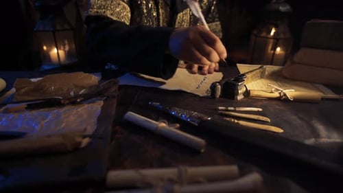 Person Writes With a Quill on Antique Desk